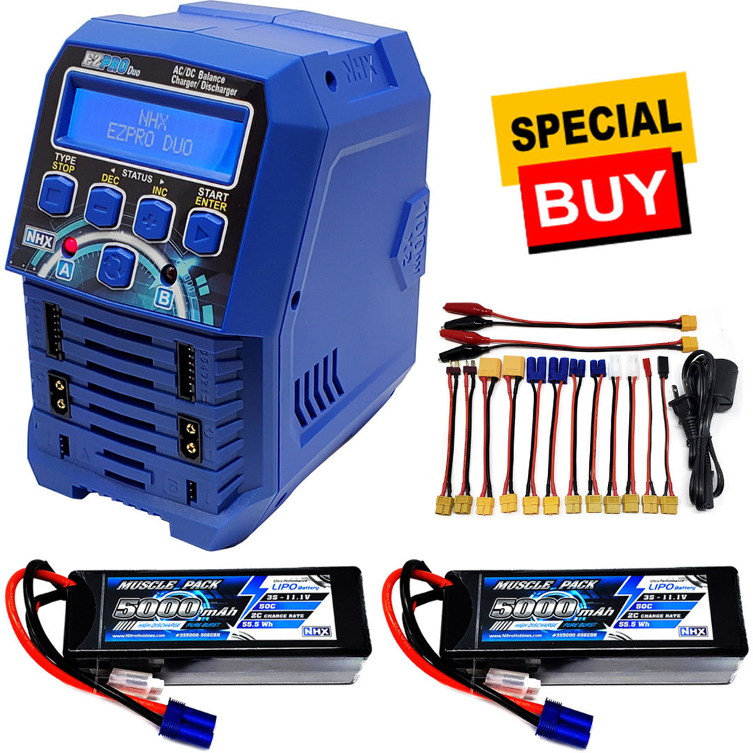 NHX Muscle Pack 3S 11.1V 5000mAh 50C Lipo Battery (2) w/ EC5 / EZPRO DUO Charger