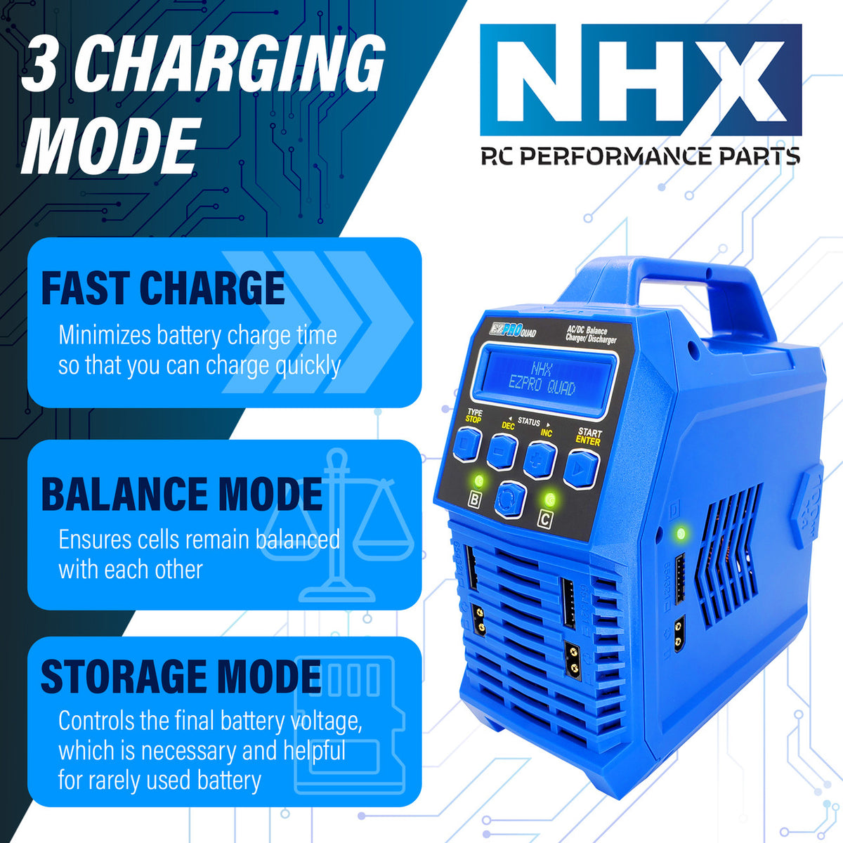 NHX RC EZPRO QUAD 100W X4 AC/DC 12A LIPO/LIHV & NIMH RC Battery Balance Charger
