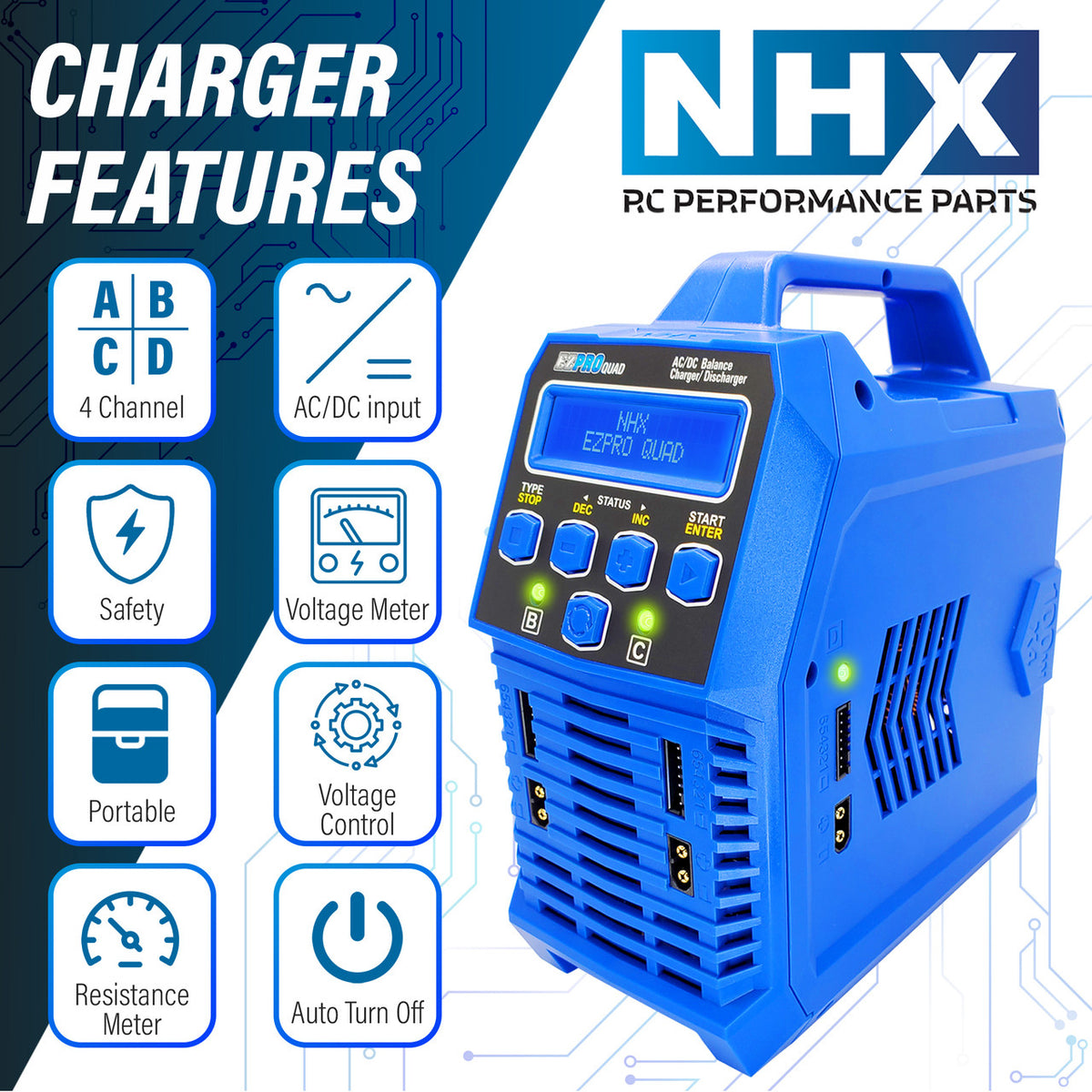 NHX RC EZPRO QUAD 100W X4 AC/DC 12A LIPO/LIHV & NIMH RC Battery Balance Charger