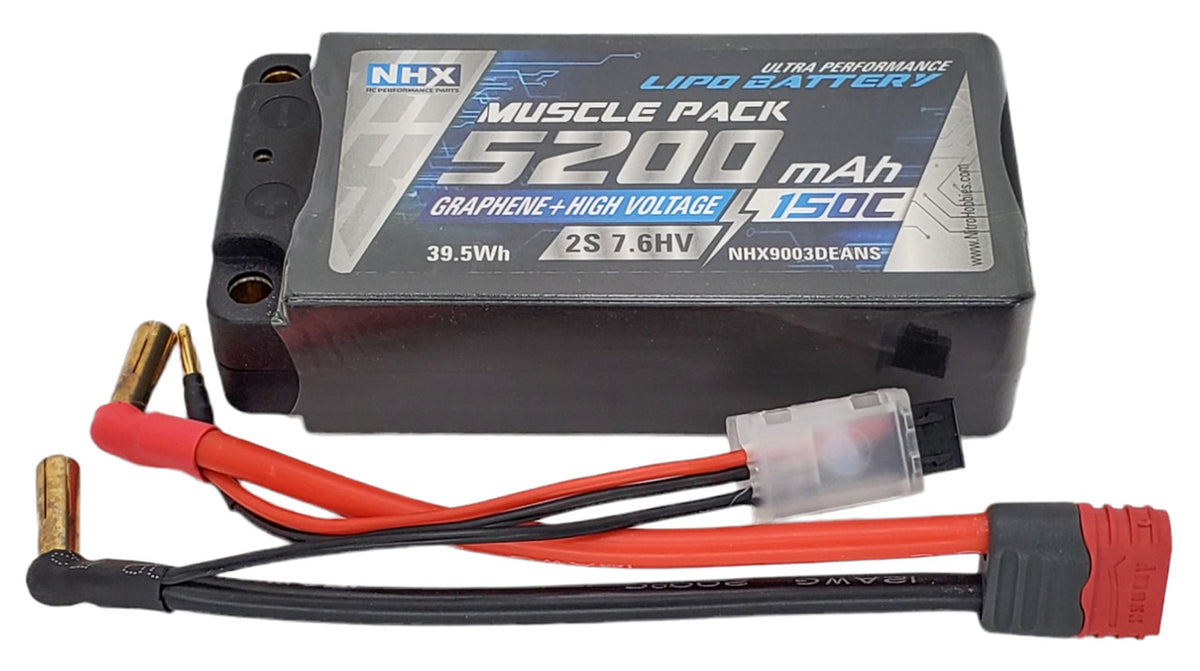 NHX RC 2S 7.6V 5200mAh 150C HV + Graphene Shorty LiPo Battery w/5mm Bullets / Deans